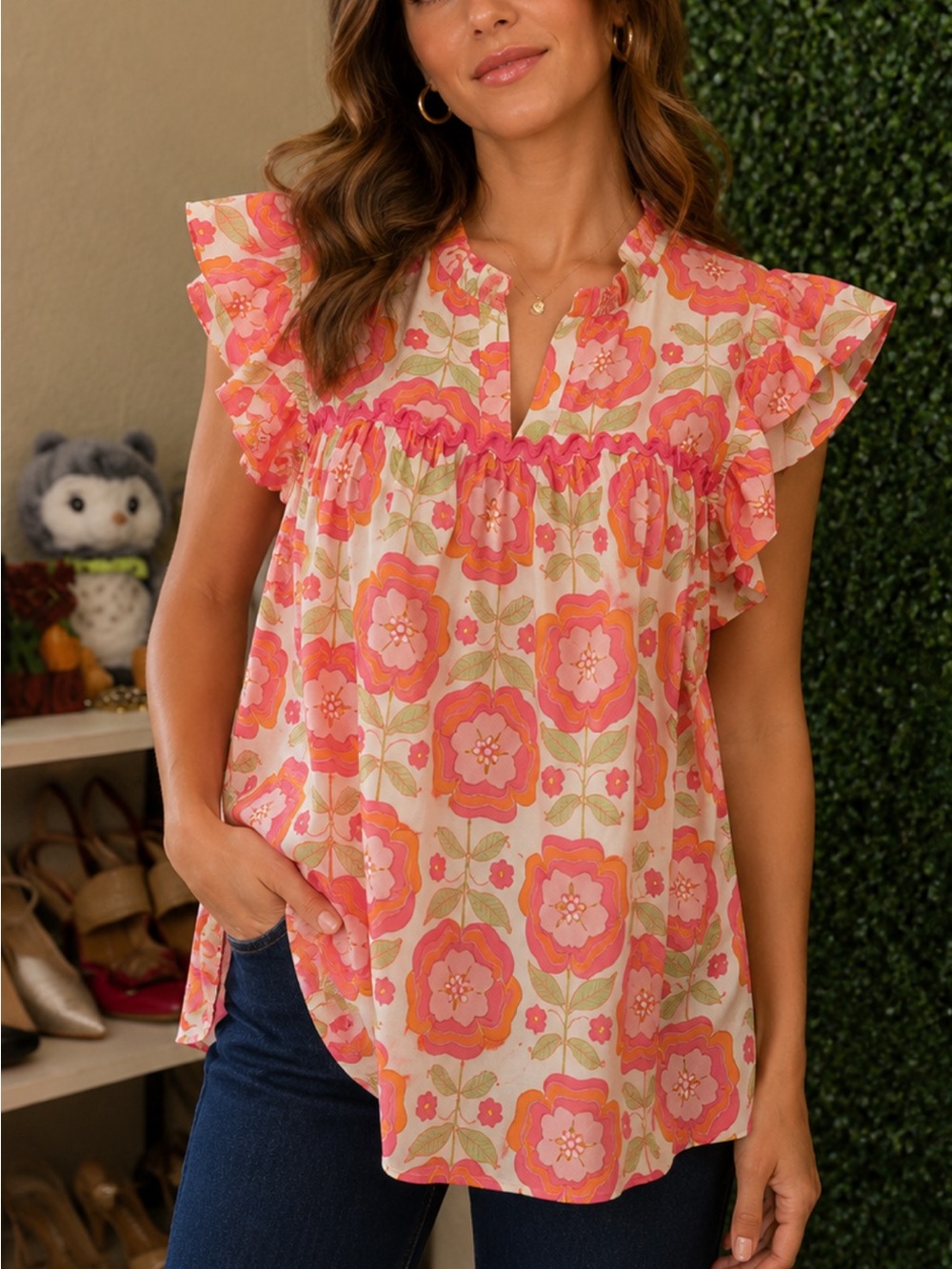 Vibrant Floral Ruffle Sleeve Dress - Pink, Coral & Cream # 109